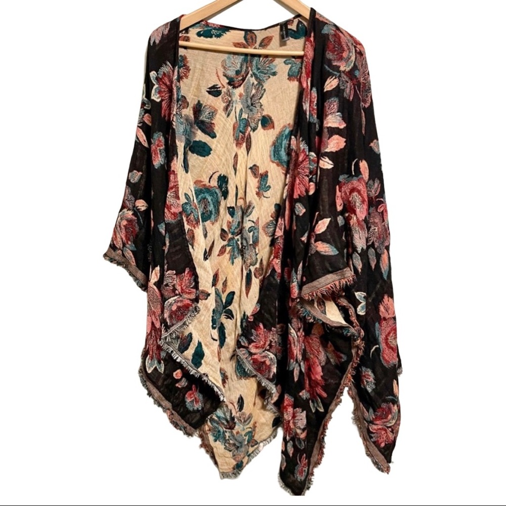 Lane Bryant Floral Boho Fringe Kimono Open Front Cardigan Duster